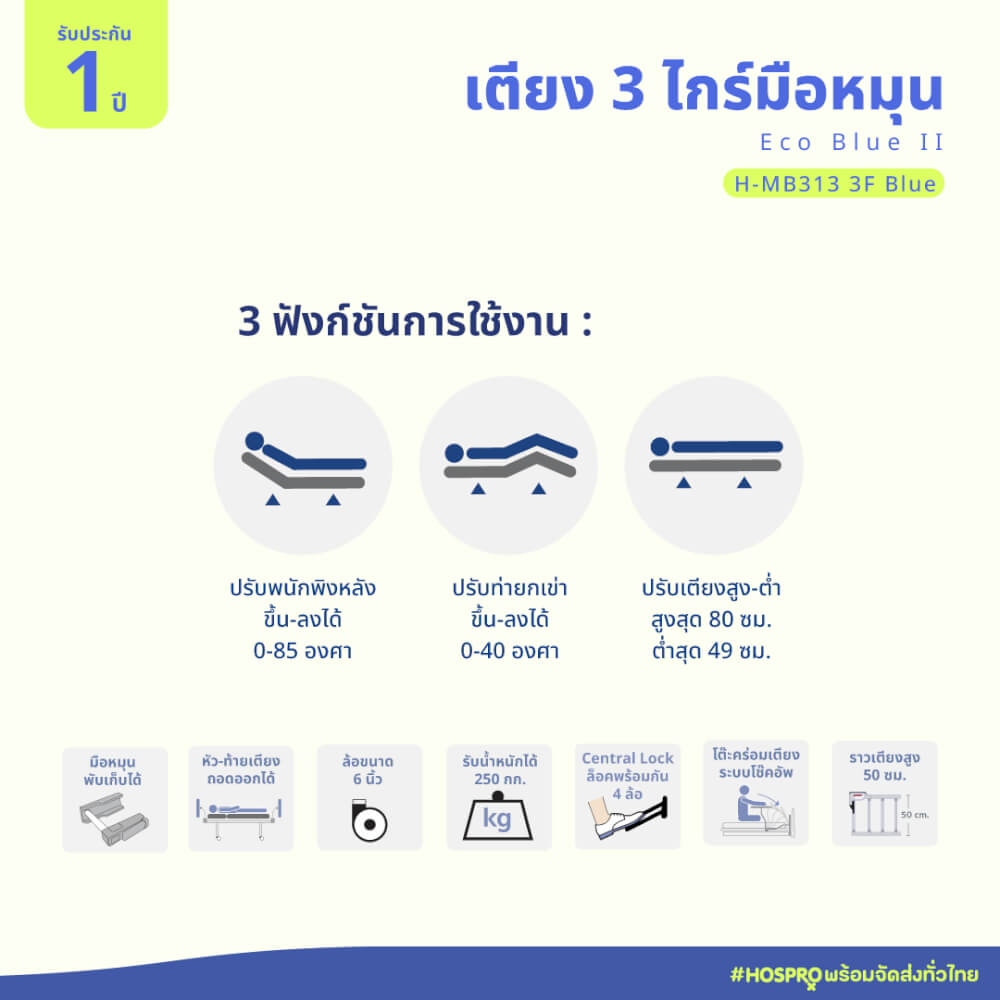 เตียงผู้ป่วยมือหมุน 3 ไกร์ 3 ฟังก์ชัน HOSPRO รุ่น H-MB313 3F BLUE_2